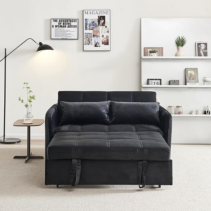 55.5 Velvet Convertible Sofa Bed Pull Out Sleeper Sofa Bed Loveseat Couch with USB Charging Ports 3 in 1 Convertible Sleeper Sofa Bed for Living Room Apartment Bedroom RV Black