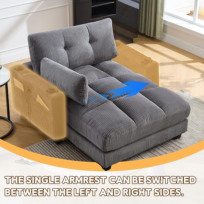 Oversized Lounge Chaise Convertible Sleeper Sofabed Corduroy Sleeper Daybed Indoor Recliner Chair Sofa Bed with Cupholders and Adjustable Headrests for Living Room Bedroom Reading Home Apartment