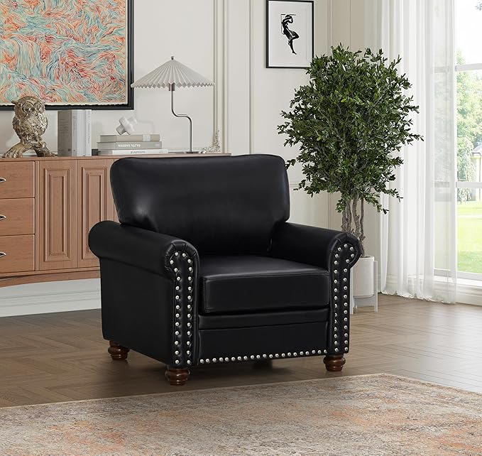 Harper &amp Bright Designs Sofa Chair Single Seat Chair with Wood Leg Nails Decoration Faux Leather Armchair for Living Room Bedroom Small Space (Black)