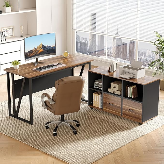 LITTLE TREE 55-Inch L-Shaped Computer Desk Large Corner Desk with Drawers Modern Office Workstation Study Desk Corner Computer Desk for Home Office Bedroom Brown