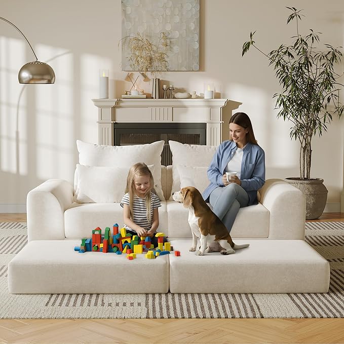 Modular loveseat with Ottoman L-Shape Boneless Couch Customizable Sectional Couch Free Combination Design Sleeper Sofa Cloud Mist