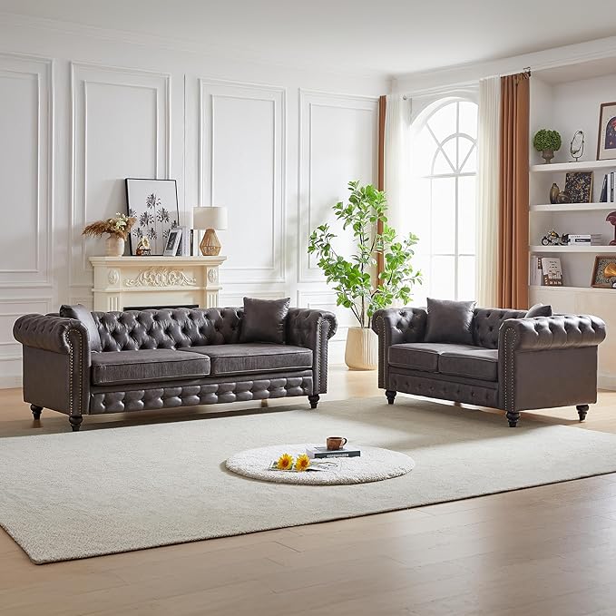 2 Piece Mid Century Modern Couch Set Retro Button Tufted Chesterfield Sofa muebles para la sala Comfy Deep Seat Upholstered Office Furniture Living Room Sofas Set (Leather Gray Couch and Loveseat)