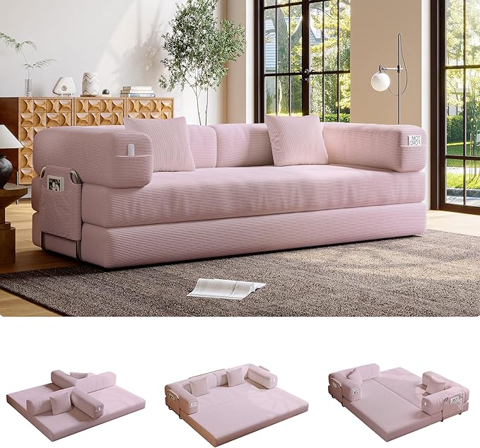 5-in-1 Folding Convertible Sofa Bed Loveseat Sleeper with Pull-Out Bed Floor Sofa Modular Futon Couch 79 Oversized Corduroy Upholstered Boneless Couch for Living Room Bedroom Lounge Pink-A