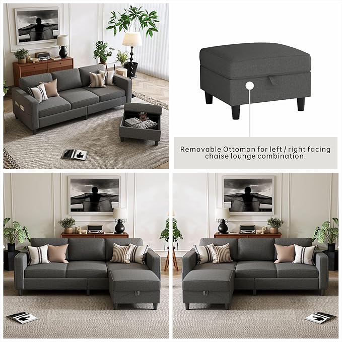 Sectional Sofa Couches for Living Room - 3-Seat Dark Gray L-Shaped Modern Sofa Couch with Reversible Storage Ottoman &amp Storage Pockets for Living Room Apartment Studio