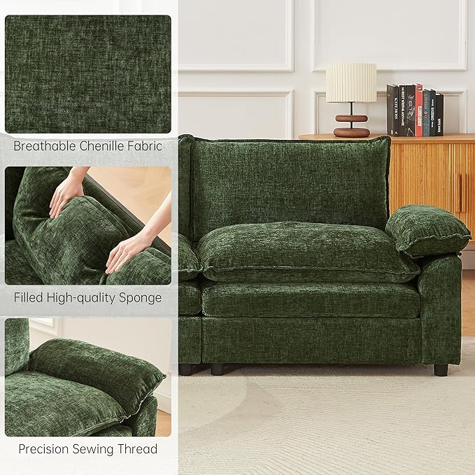 Modular Sectional Sofa 146.8 Inch U Shaped Couch Set with Armrests 4-Seater Comfy Cloud Boneless Couches with 2 Movable Ottomans for Living Room Apartment Dark Green