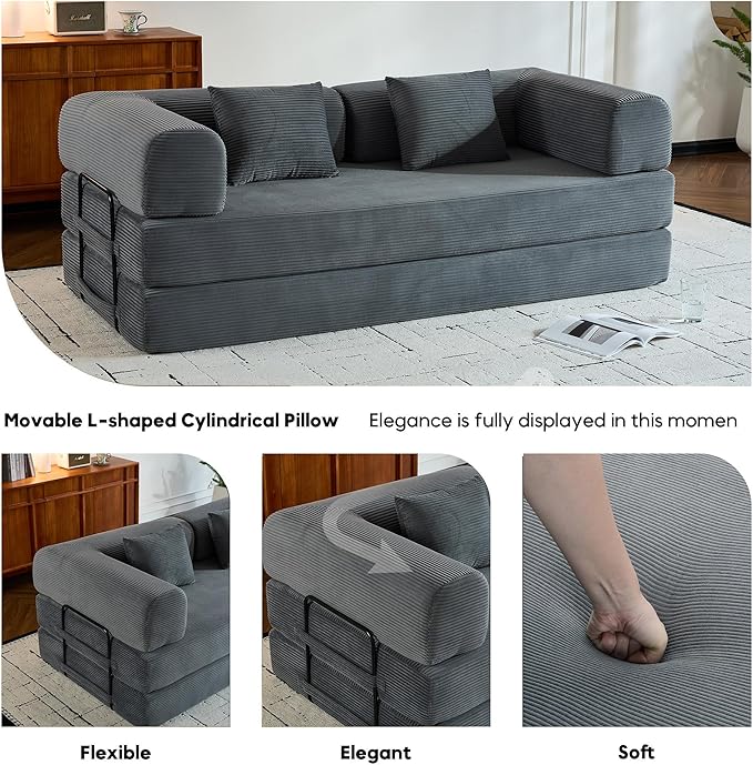 Comfy Convertible Folding Mattress Couch Floor Sofa Bed with Fixed-Shape Frame Corduroy Floor Sofa with Armrest Floor Sofa Lounge Couch for Living Room Bedroom Lounge StudioGrey