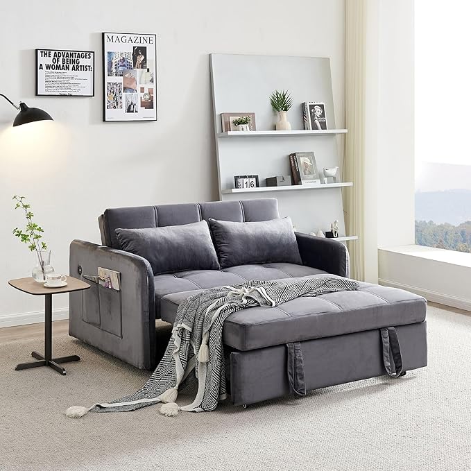 55.5 Velvet Convertible Sofa Bed Pull Out Sleeper Sofa Bed Loveseat Couch with USB Charging Ports 3 in 1 Convertible Sleeper Sofa Bed for Living Room Apartment Bedroom RV Grey