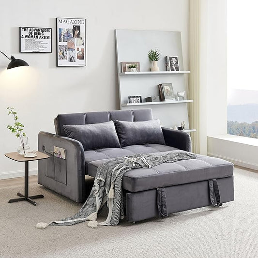 55.5 Velvet Convertible Sofa Bed Pull Out Sleeper Sofa Bed Loveseat Couch with USB Charging Ports 3 in 1 Convertible Sleeper Sofa Bed for Living Room Apartment Bedroom RV Grey