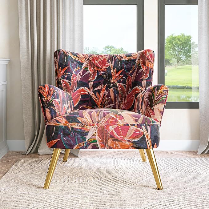 BELLEZE Modern Accent Chair High Back Floral Pattern Armchair with Metal Legs Upholstered Wingback Single Chair for Living Room Bedroom Office [Set of 2] - Holland (Red Floral)