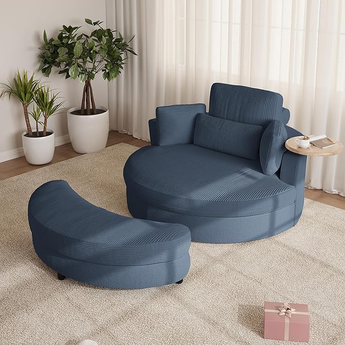 Oversized 360° Swivel Barrel Chair with Storage Ottoman &amp Rotatable Tray Table Modern Elegant 51’’ Corduroy Accent Chair with Cresent-Shaped Ottoman Extra Wide &amp Deep Seat Ocean Blue