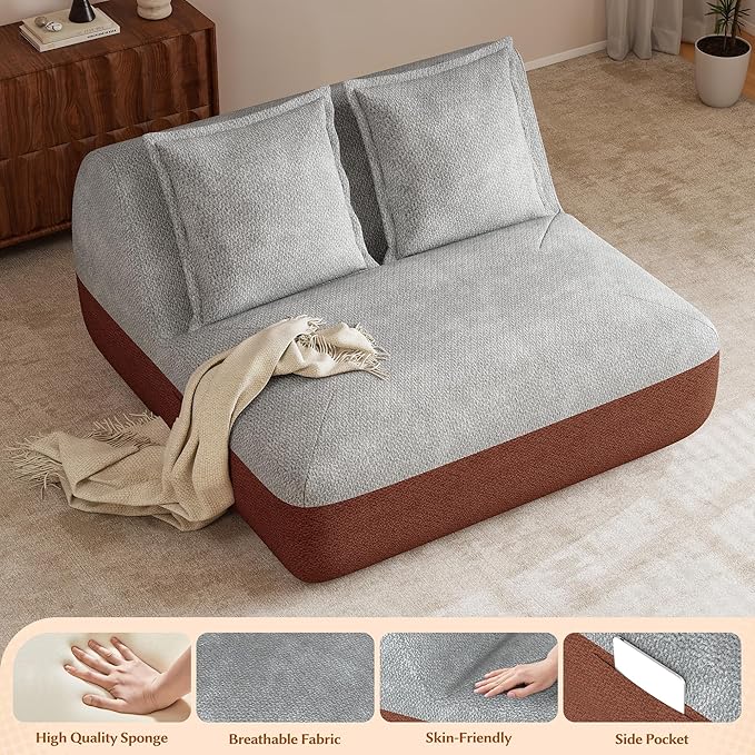 Hobestluk Small Couches for Small Spaces42” Mini Loveseat Sofa 2-Seater Armless Sofa Chair with Side Pocket for Living RoomBedroomDormOffice (Terracotta+Light Grey)