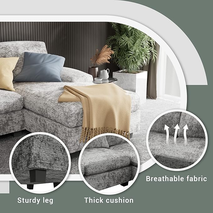 Furniwell Convertible Sectional Sofa Couch 4 Seat Sofa Set for Living Room U-Shaped Modern Fabric Modular Sofa Sleeper with Double Chaise &amp Memory Foam (Fabric Grey)