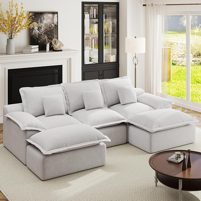 Modular Sectional Sofa 107'' Boneless Couches for Living Room 5-Seat Sofa with 2 Ottomans Cloud U Shaped Couch No Assembly Required Chenille Grey