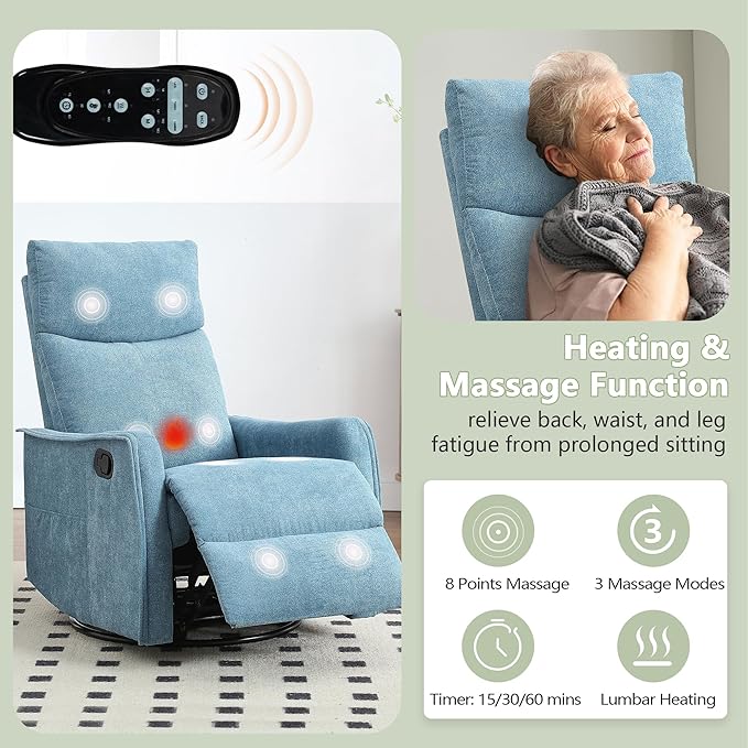 cinkehome Swivel Rocker Recliner Chair with Heated Massage Rocking Reclining Chairs for Nursery Small Spaces High Back Side Pocket