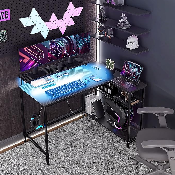 42 L Shaped Desk with LED Lights Power Outlet USB Charging Ports Reversible L Shaped Computer Desk with Storage Shelves Monitor Stand Corner Gaming Desk for Home Office Black