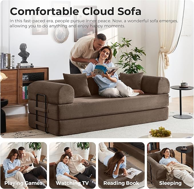 79'' Convertible Sofa Bed 5-in-1 Folding Corduroy Sleeper Couch with Pull Out Bed Oversized Modular Floor Sofa No Assembly Space-Saving Guest Bed for Apartment Living Room Bedroom (Brown) | Conver