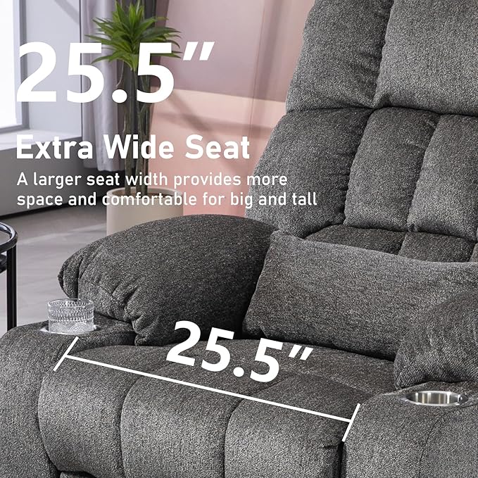 Oversized Power Recliner Chair for Big and Tall 400 LBS 25.5 Extra Wide Electric Lift Chair with Heat and Massage Dual Motor 180° Lay Flat Recliner Living Room Sofa Chenille Big Lift Chair