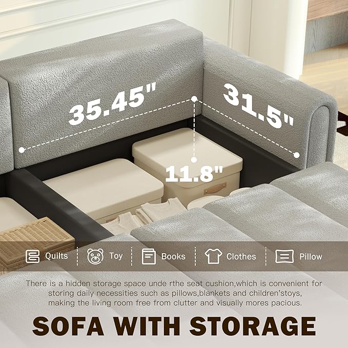 90.2 Futon Sofa Bed King 3-in-1 Teddy Convertible Sofa Upholstered Loveseat Couch with Pull Out Bed L Shape Couches Small Spaces Deep Seat Storage for Living Room Apartment Light Grey