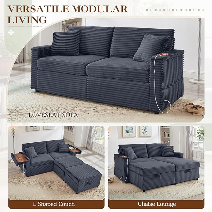 68 Cloud Loveseat with Ottoman Set USB Ports &amp Storage Wooden Side Table Comfy Plush Corduroy Upholstered Love Seat Modern Oversized Deep Seated Grey Sectional for Living Room Grey
