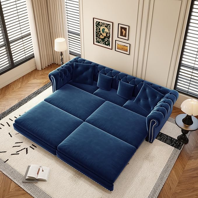 3-in-1 Pull Out Sofa Bed - 89 King Size Convertible Sleeper Sofa Large Velvet 3-Seater Sofa with Movable Ottoman Sleek Rivet Detailing Tufted Design Pull Out Couch (Blue)