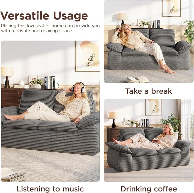 71 Cloud Boneless Couch Loveseat Sofa with Deep Seat Memory Foam Small 2 Seater Corduroy Couch in A Box No Assembly Compressed Sofa for Living Room Bedroom Apartment Dark Grey