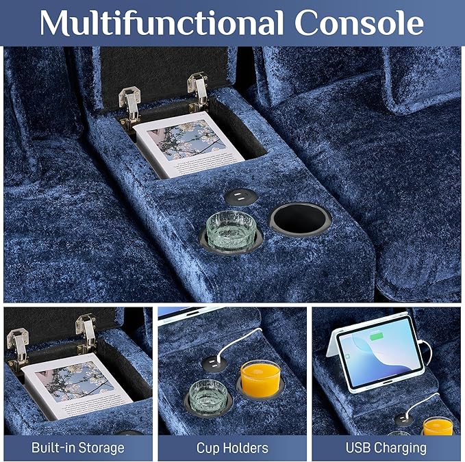 152 Oversized Modular Sectional Sofa U Shaped Cloud Couch Modern 6 Seat Sofa Set for Living Room Comfy Chenille Couch with Storage Central Console Movable Ottomans Cup Holders USB Ports Blue