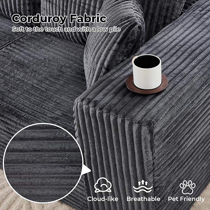 L-Shaped Boneless Modular Sectional Sofa 107 Modern Corduroy Upholstery Couch with Chaise for Living Room 3-Seater Cloud Couches with Deep Seat No Assembly Right Facing Chaise Dark Grey