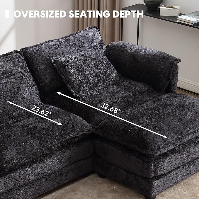 Modern 112 L Shaped Sectional Sofa Cloud CouchChenille Comfy Boucle Modular Sleeper Sofa Upholstery Sofa with Ottoman &amp Memory Foam for Living Room Black