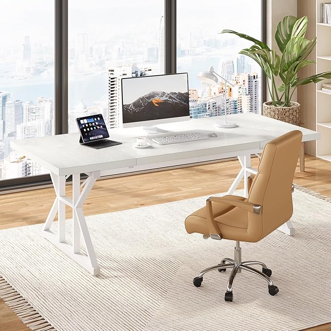 LITTLE TREE 70.8-Inch Large Executive Desk Extra Long Computer Office Desk Workstation Modern Simple Style Laptop Table Sturdy Wooden Writing Workstation for Home White