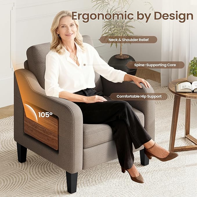 Accent Chair for Living Room Modern Linen Upholstered Armchair Side Wooden Fabric Sofa Chair with Foldable Table 2 Side Pockets Comfy Reading Chair for Bedroom