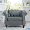 GDFStudio 39 Tufted Button Chesterfield Sofa with Deep Seat Cushions Rolled Arms &amp Gold Accent Strip 1-Seater Midcentury Modern Sofa for Living Room Classic Couch Furniture Gray + PU