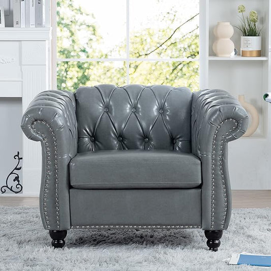 GDFStudio 39 Tufted Button Chesterfield Sofa with Deep Seat Cushions Rolled Arms &amp Gold Accent Strip 1-Seater Midcentury Modern Sofa for Living Room Classic Couch Furniture Gray + PU