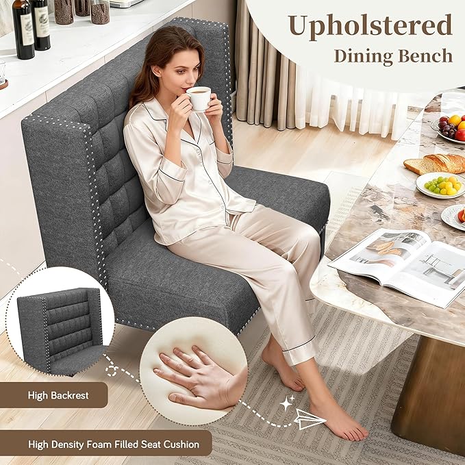 Yongqiang Modern Tufted Loveseat Settee Upholstered Bench with Back for Kitchen Dining Room Living Room Linen High Back Banquette Seating Sofa Couch with Wood Legs Grey