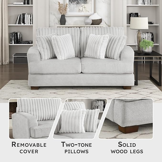 Lexicon Living Room Loveseat Modern Sofa Couch Textured Microfiber &amp Corduroy Upholstered Love Seat with Four Corduroy Pillows for Office/Living Room Light Gray