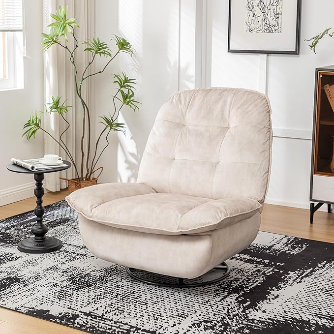 JOSHEN 41 Modern Velvet Reclining Lazy ChairLarge Reading ChairSwivel Gliding Rocking Chair with Mobile Phone Holder for Living RoomBedroomIvory