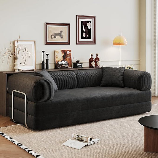 KEIKI 78.8 inch Compression Sofa Convertible Floor Sofa Bed Comfy Futon Couch Sleeper Bed Corduroy Folding Loveseats for Living Room Black