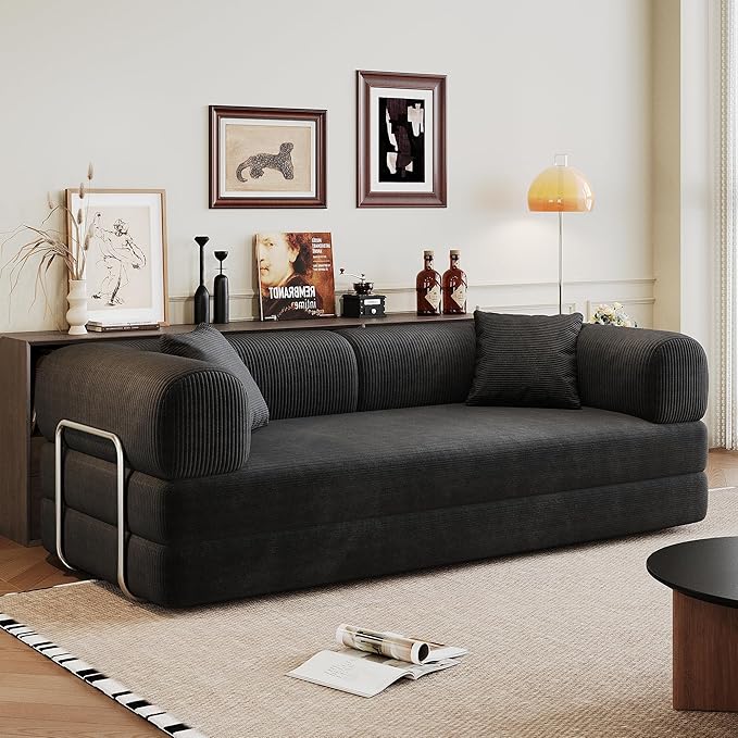 Convertible Sleeper Sofa Bed 79 Modular Boneless Couch Bed Foldable Sleeper Loveseat Sofa Bed for Living Room Corduroy Fabric No Assembly Required Queen to King Size Black