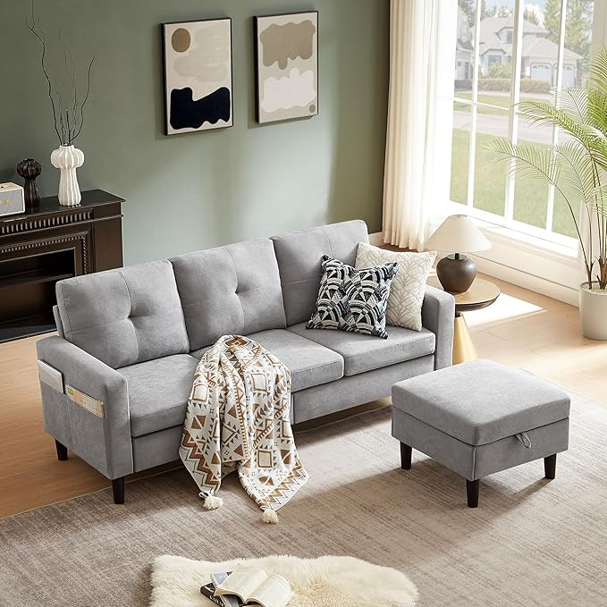 3 Piece Living Room Sofa Sets Modern 3 Seater Sofa with Storage Ottoman and 2 PSC Armchair Couch Sets Easy Assembly Modern 5 Seat Sectional Couches for Living Room Office Light Grey