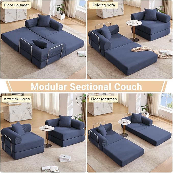 73 Convertible Sleeper Sofa Bed Corduroy Boneless Couch in a Box 4-in-1 Folding Mattress Loveseat Couch Comfy Modular Foldable Floor Sleeper Sofa with 2 Pillows and Fixed-Shape Frame (Blue 73)