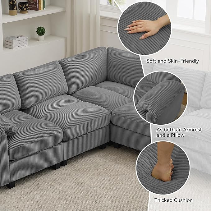 87'' U-Shaped Sectional Sofa with Ottoman 5-Seater Modular Couches for Living Room Corduroy Deep Seat Cloud Sofa with Center Stitched Grey