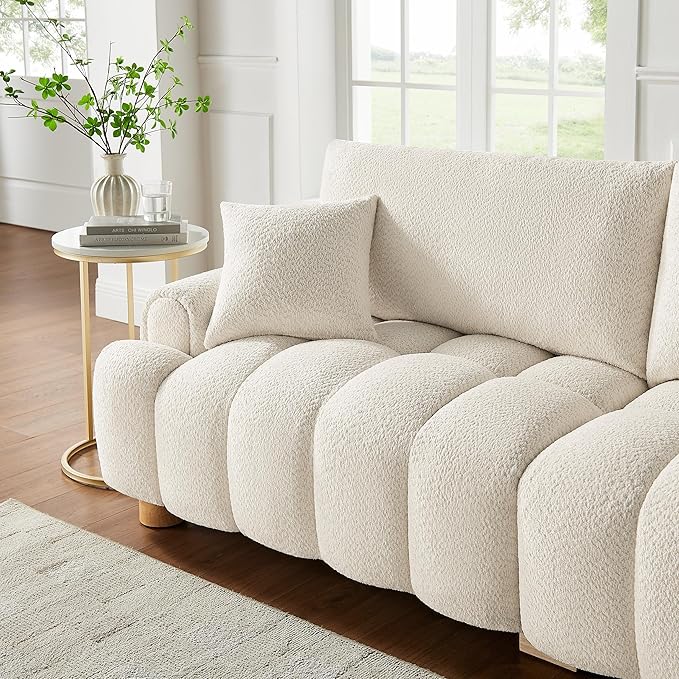 VANOMi Boucle Sofa Couch 91 Comfy Tufted Upholstered Cloud Couches Modern 3 Seater Sofa with Pillows Oversized Deep Seat Sherpa Couch for Living Room Bedroom Apartment (White)