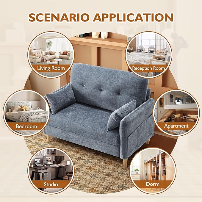 47 Small Sofa Couch for Bedroom Soft Chenille loveseat Mini Couch with Throw Pillow and Removable Cushion Cover for Small Spaces Living Room Apartment Dorm Office(Blue Grey)
