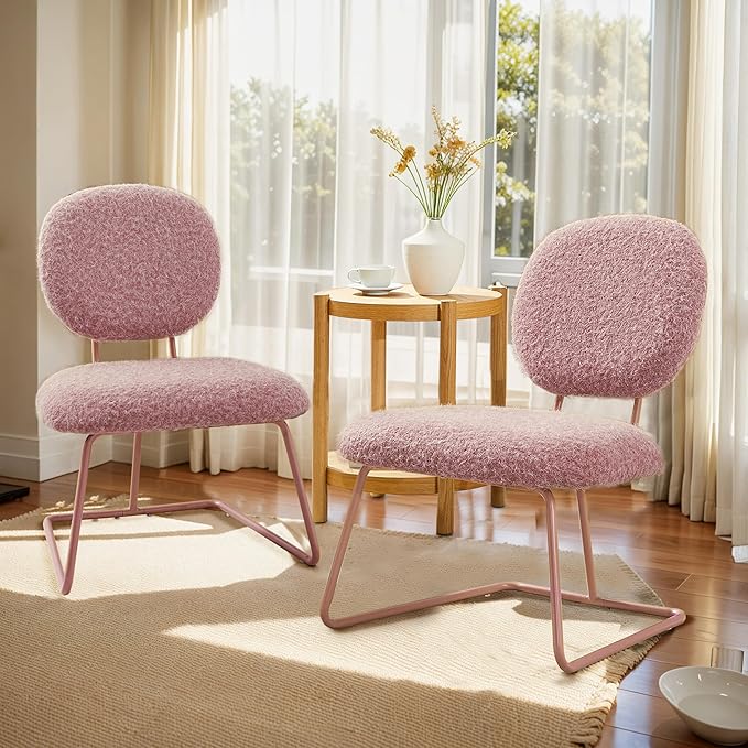 Art Leon Accent Chairs Set of 2- Fabric Upholstered Armless Slipper Chairs Living Room Side Chairs with Metal Legs for Lounge Bedroom Office Pink