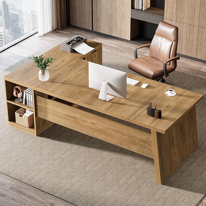 Tribesigns 78 L Shaped Desk with Drawers Large Executive Office Desk with File Cabinet and Shelves Modern Corner Computer Table Business Furniture for Home Office Brown