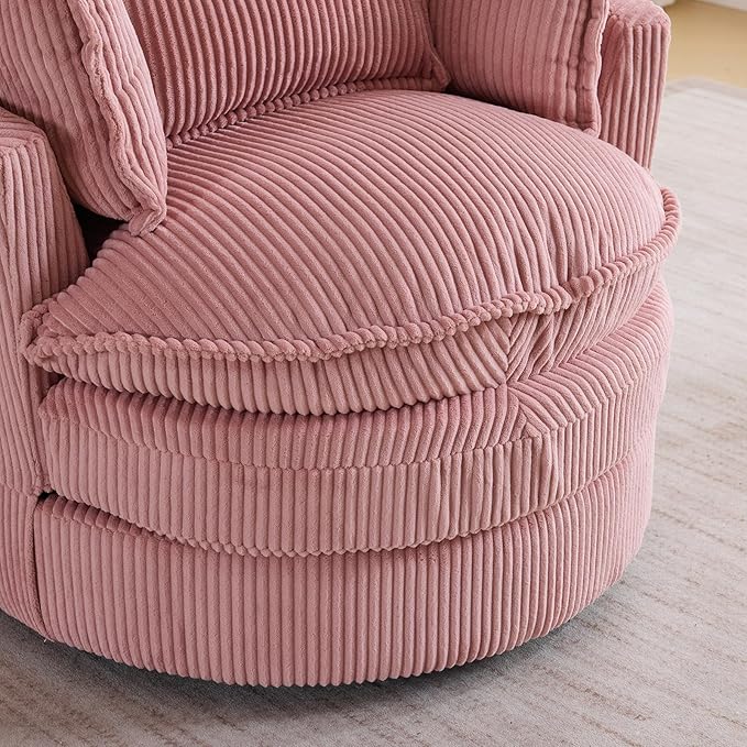 Karl home Swivel Accent Barrel Chair Single Sofa with 3 Pillows 360 Degree Modern Lounge Armchair Chair Comfy Round Reading Chair Corduroy Armchair for Living Room Bedroom Lounge Pink