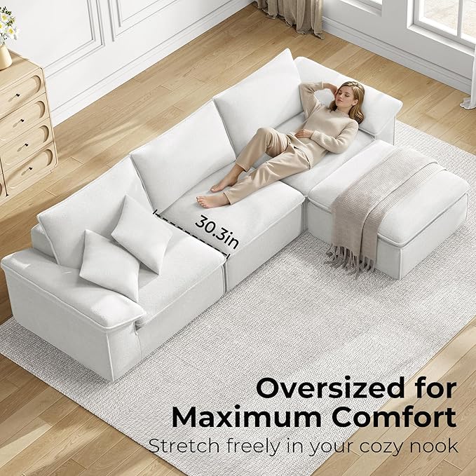 LIKIMIO 120 L-Shaped Modular Sectional Sofa Cloud Sectional Couch with Deep Seat Comfy Teddy Upholstery Oversized 3-Seater with Ottoman Boneless Couch for Living Room No Assembly White