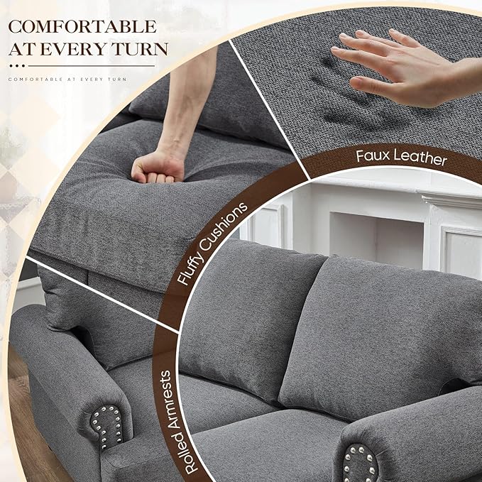 Antetek 59.5-inch Loveseat Couch with Storage Mid Century Chesterfield Linen Fabric Vintage Retro Classic Sofa Couch with Nailhead Trim &amp Rolled Armrests for Living Room Bedroom Office Grey