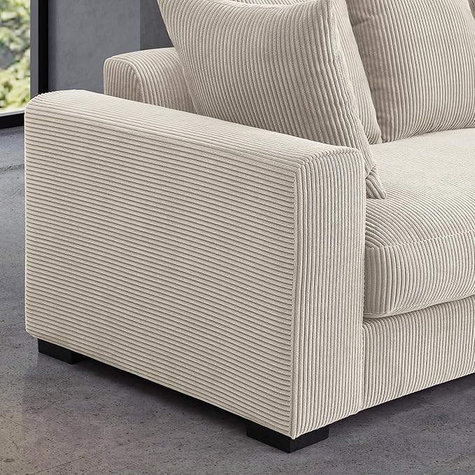 WILLIAMSPACE 109.75 Corduroy Sectional Sofa Couch for Living Room Modern Upholstered L-Shaped Sofa with Right-Facing Chaise Lounge Contemporary 4-Seat Couch with 6 Pillows (Beige)