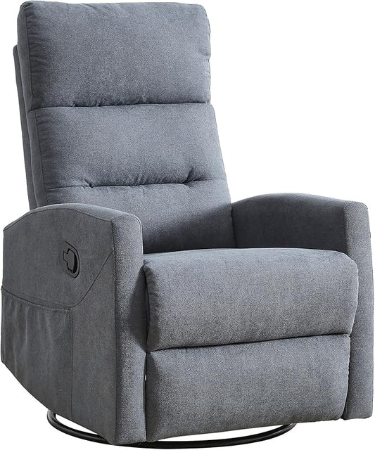PELUMY Manual Recliner Chair 360° Swivel Glider and Rocker Recliner with 155° Recline Compact Fabric Recliner for Small Space Nursery Living Room Bedroom No Tools Assembly (Grey)