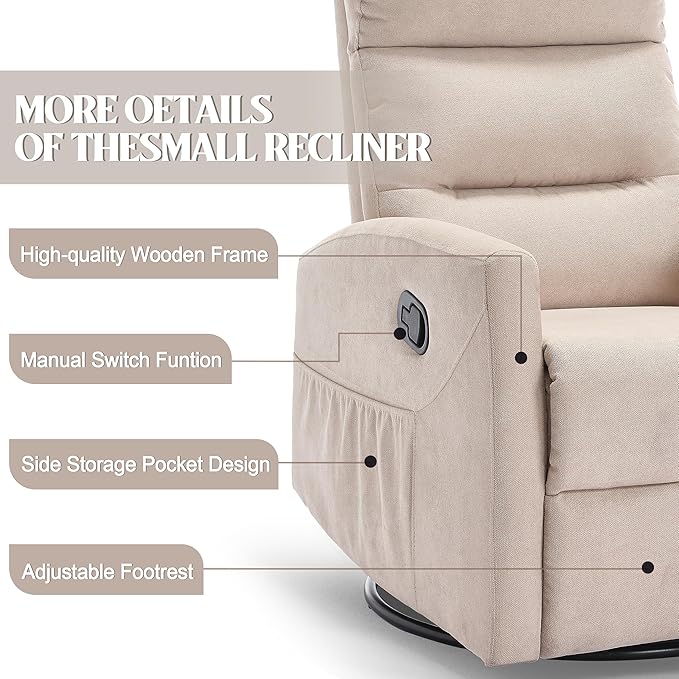 PELUMY Manual Recliner Chair 360° Swivel Glider and Rocker Recliner with 155° Recline Compact Fabric Recliner for Small Space Nursery Living Room Bedroom No Tools Assembly (Beige)